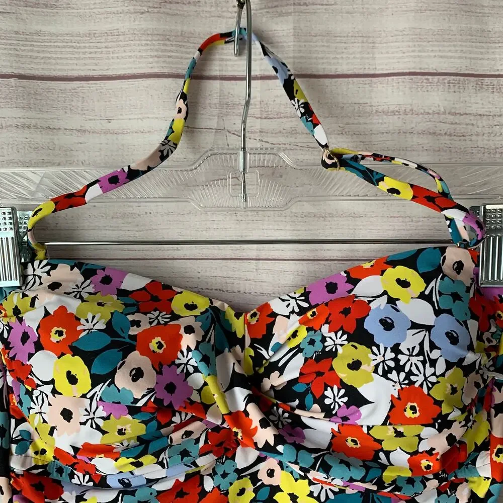 Anne Cole Black Colorful Floral Swimsuit Attachable Halter Strap Size 10